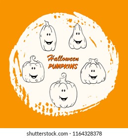 Set of Halloween pumpkin emotions. Vector Halloween mood icons. Line art pumpkins with different emotions. Autumn holidays. Vector illustration pumpkins funny and  spooky creepy faces.