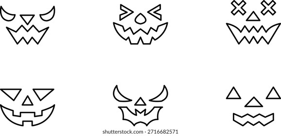 Un conjunto de iconos de línea de cara de calabaza de Halloween con diferentes caras espeluznantes. Estos diseños minimalistas capturan el espíritu de Halloween y son ideales para ilustraciones temáticas, carteles y publicaciones en redes sociales.