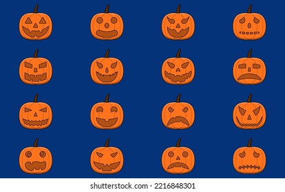 Set of halloween pumpkin faces, halloween pumpkin emojis, Jack o lantern, halloween elements. Use this to celebrate halloween.