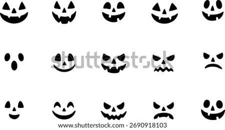 Set of Halloween pumpkin faces icons with different expressions. Perfect for spooky decorations, crafts, coloring pages, and festive projects