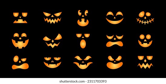 Set of halloween pumpkin faces isolated on black background