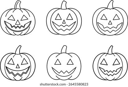 Set of Halloween Pumpkin Faces Line Art Vector - Jack O'Lantern Outline Collection