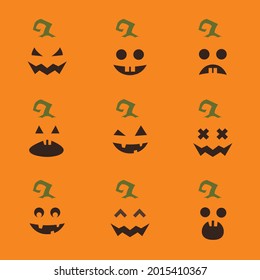 Conjunto de rostros de calabaza de Halloween sobre fondo naranja. Divertidos emoticones de dibujos animados