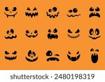 Set of Halloween pumpkin faces silhouette. Scary pumpkin smiling on orange background. Design for the Halloween celebration. Vector illustration.
