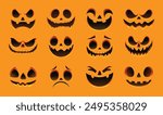 Set of Halloween pumpkin faces with a variety of scary and happy expressions. Vector cartoon illustration