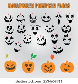 Conjunto de caras de calabaza de Halloween con una variedad de expresiones de miedo y felicidad Ilustración de dibujos animados de Vector Boo Party Noche de Halloween