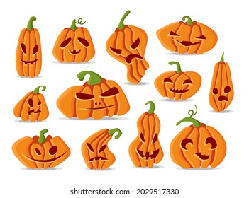 Set of Halloween Pumpkin faces in various shapes, colorful collection cartoon Jack o Lantern characters, funny illustration isolated on white. Vector