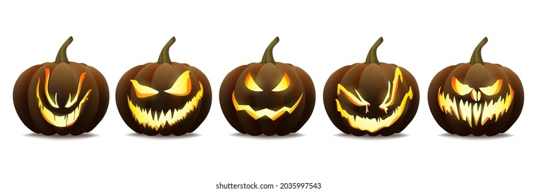 Set of Halloween pumpkin grinning with fire light inside.Realistic Halloween pumpkin with scary smile.isolated vector illustration of jack o lantern pumpkin on white background for Halloween decorate.