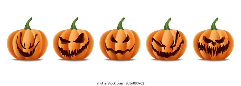 Set of Halloween pumpkin grinning.Realistic Halloween pumpkin with scary smile.isolated vector illustration of jack o lantern pumpkin on white background for Halloween decorate.