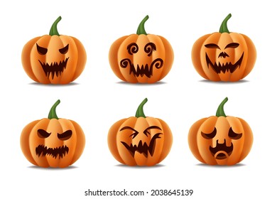 Set of Halloween pumpkin grinning.Realistic Halloween pumpkin with scary smile.isolated vector illustration of jack o lantern pumpkin on white background for Halloween decorate.