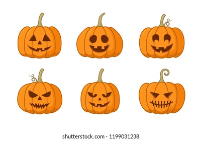 Set of Halloween pumpkin with happy and creepy face on white background. Vector cartoon Illustration.