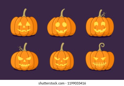 Set of Halloween pumpkin with happy and creepy face on dark background. Vector cartoon Illustration.