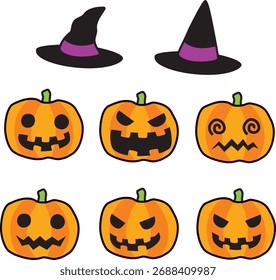Conjunto de ilustraciones de calabaza y sombrero de Halloween