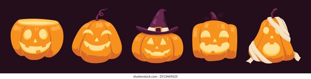 Un conjunto de cabeza de calabaza de halloween, 5 jack o linterna, linda calabaza espeluznante, sombrero de bruja y vendajes de momia, estilo plano dibujado a mano.