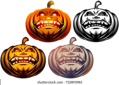 Set of Halloween pumpkin icons with carved eyes and mouth. Vector graphic cartoon illustration. Color, monochrome black and white versions.