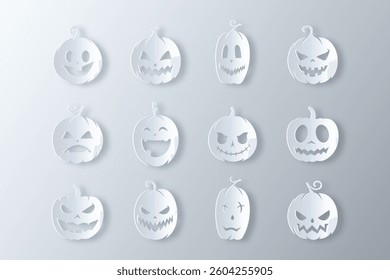 set of halloween pumpkin icons created in white paper cut effect style