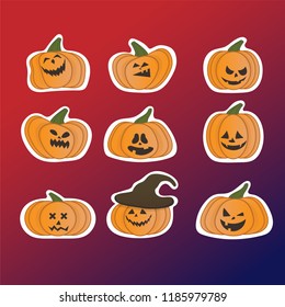Set of halloween pumpkin icons stickers, emotion variation