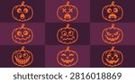 Set of halloween pumpkin jack o lantern faces in grid frame with halloween