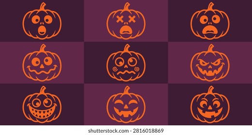 Set of halloween pumpkin jack o lantern faces in grid frame with halloween