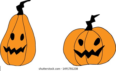 Set of Halloween pumpkin jack-o-lanterns with funny and scared faces, hand drawn cartoon vector illustration isolated on white background. Set of pumpkin, jack o lantern, traditional Halloween symbol