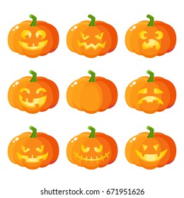 Set of Halloween pumpkin jack-o-lanterns showing various emotions, cartoon vector illustration isolated on white background. Set of pumpkin, jack o lantern emoticons, traditional Halloween symbol