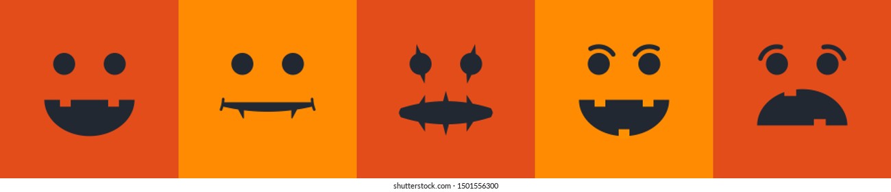 Set of Halloween pumpkin or monster emojis on orange background. Vector illustration. Halloween stickers and labels