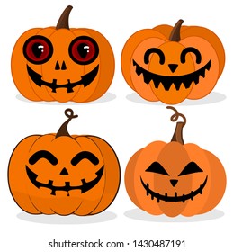 Set of Halloween pumpkin on white background. Pumpkin with scary face collection. Funny cartoon character for Halloween.