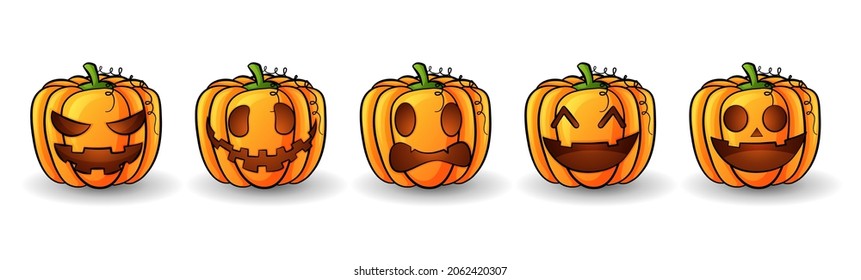 Set of Halloween Pumpkin on white background. Orange pumpkin, Smile Pumpkin, Scare Pumpkin,For Halloween Vector illustration.