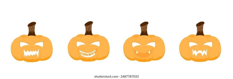 Set of Halloween pumpkin on white background.The main symbol of Happy Halloween holiday.Orange pumpkin with funny smile for your design for the holiday Halloween.Vector illustration.