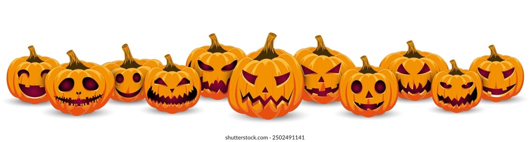 Set Halloween pumpkin on white background. The main symbol of the Happy Halloween holiday. Orange pumpkin with smile for your design for the holiday Halloween. Vector illustration.