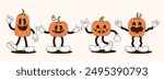 Set of Halloween pumpkin in retro style. Groovy characters with faces, arms and legs. Vector illustration.