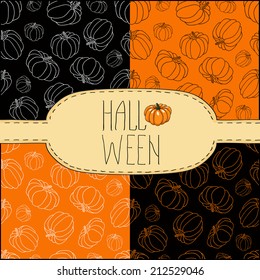 Set of halloween pumpkin seamless pattern with banner. Hand drawn vector illustration.