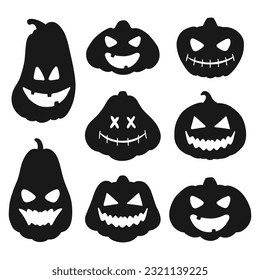 Set of Halloween pumpkin silhouettes. Collection of simple black and white pumpkins. Vector illustration of halloween spooky pumpkins.