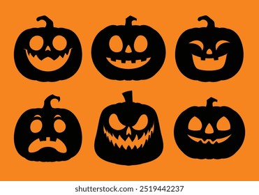 Set of Halloween pumpkin silhouettes with scary and fun expressions. Vector cartoon illustration