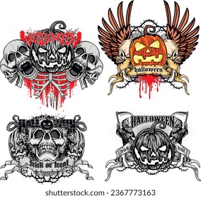 set, 
halloween pumpkin with skull, grunge.vintage design t-shirts