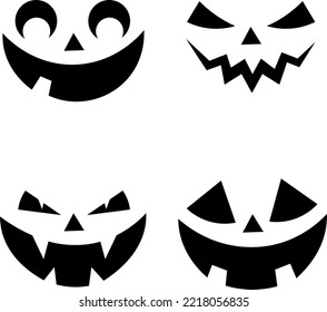 Set of Halloween pumpkin smile faces. Spooky, scary Jack O Lantern smile. Silhouette icons set for Halloween. Isolated on white background. Vector illustration.