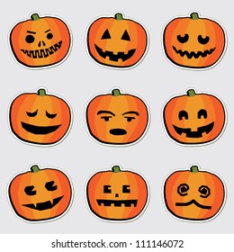 set of halloween pumpkin stickers with carved faces