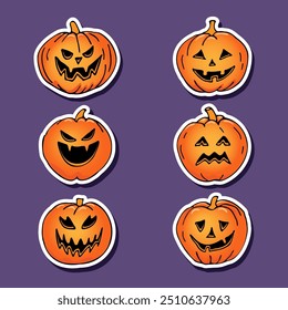 set of Halloween pumpkin stickers, hand drawn in cartoon style on a dark background.