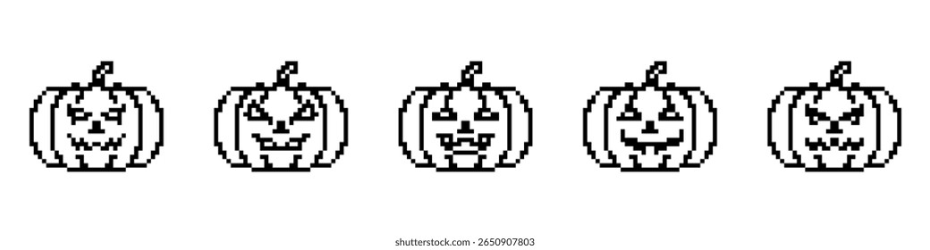 Set of Halloween Pumpkin templates in pixel art style. Black Jack-o-lantern silhouettes. Spooky face, festive labels. Isolated on white background.