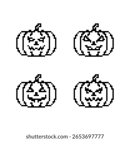Set of Halloween Pumpkin templates in pixel art style. Black outline spooky face silhouettes. Jack-o'-lantern, festive, labels. Isolated on white background.