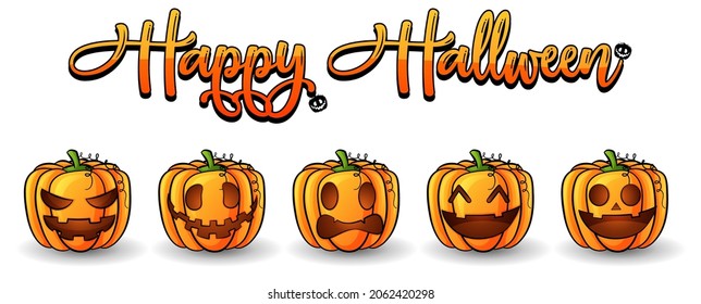 Set of Halloween Pumpkin with Text on white background. Orange pumpkin, Smile Pumpkin, Scare Pumpkin,For Halloween Vector illustration.