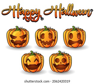 Set of Halloween Pumpkin with Text on white background. Orange pumpkin, Smile Pumpkin, Scare Pumpkin,For Halloween Vector illustration.