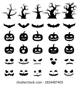Set of Halloween pumpkin and tree with bat isolated on white background. Halloween and decoration concept. Vector illustration
