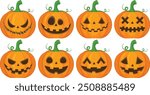 A set of Halloween pumpkin vector horror on white background, Jack-o-Lantern on white background. Scary pumpkin.