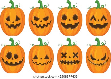 A set of Halloween pumpkin vector horror on white background, Jack-o-Lantern on white background. Scary pumpkin.