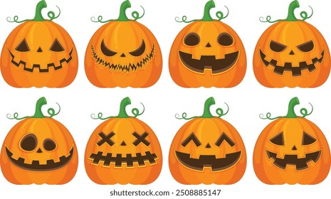 A set of Halloween pumpkin vector horror on white background, Jack-o-Lantern on white background. Scary pumpkin.