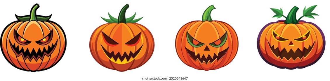 A set of Halloween pumpkin vector horror on white background, Jack-o-Lantern on white background.