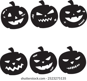 A set of Halloween pumpkin vector horror on white background, Jack-o-Lantern on white background. Scary pumpkin.