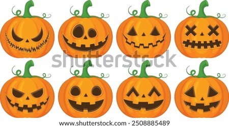 A set of Halloween pumpkin vector horror on white background, Jack-o-Lantern on white background. Scary pumpkin.