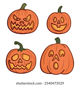 Set of Halloween pumpkin vector illustrations featuring various spooky and funny carved faces